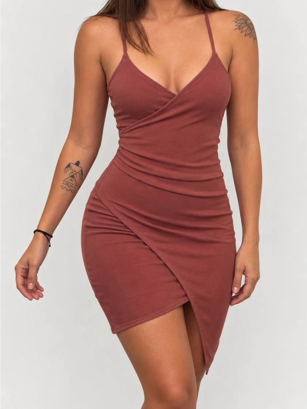 Sleeveless Rust Wrap Asymmetrical V neck Cami Bodycon Dress